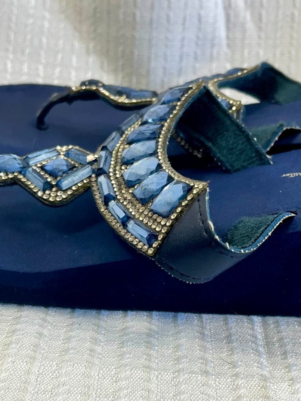 Olivia Miller Navy Blue Rhinestone Wedge Sandals 8 - Picture 2 of 3